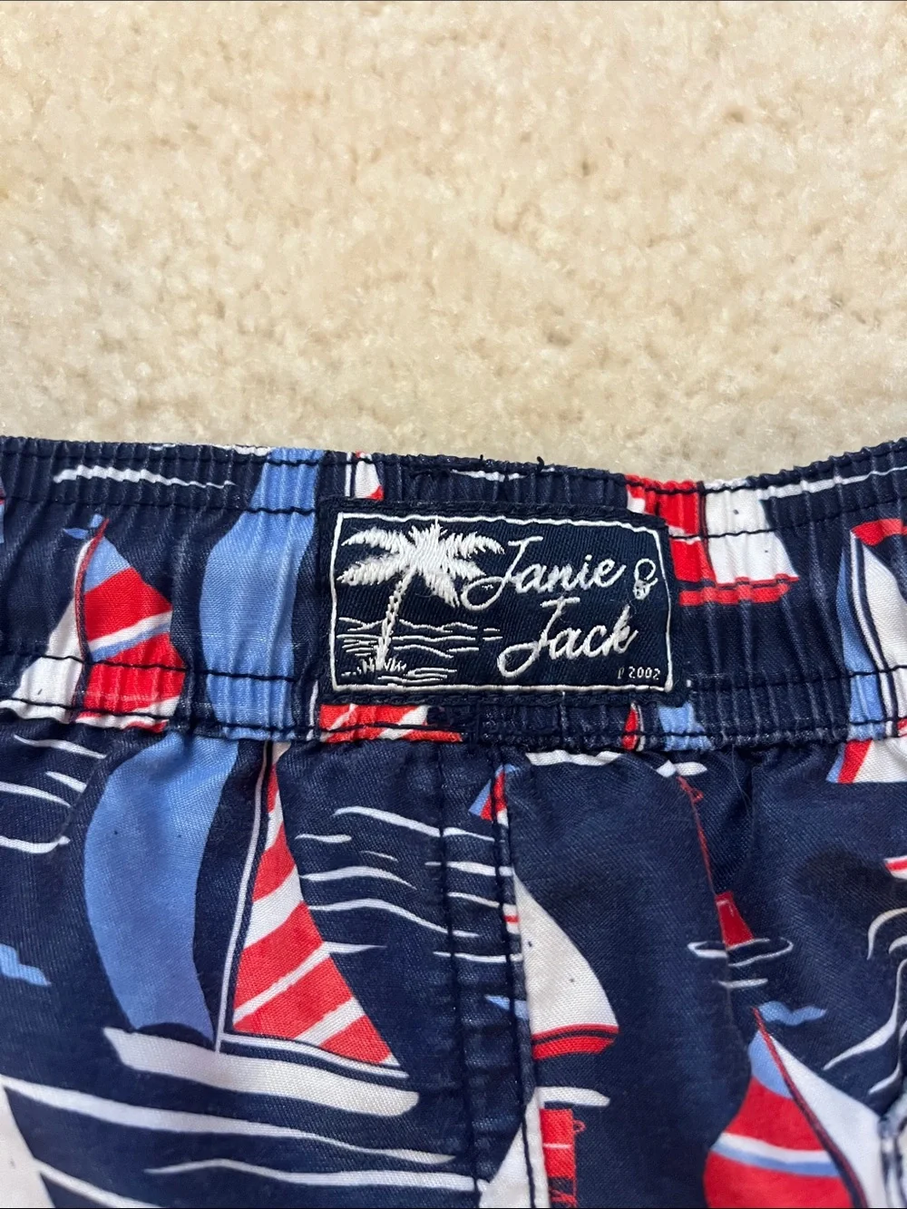 Janie and Jack Navy Swim Shorts with Red & Light Blue Sailboat Print